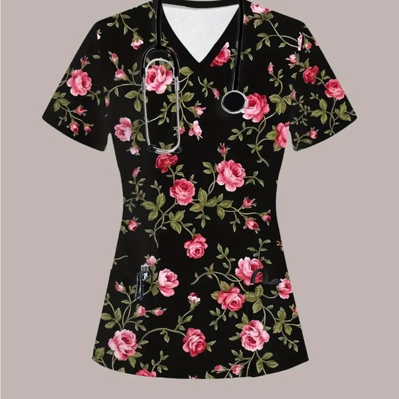 Tops - Scrubs Floral V-Neck Nurses Women's Top